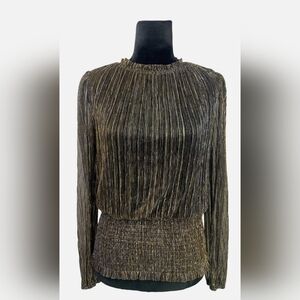 Joie Long Sleeve Shimmering Gold Smoked Waist Ruffled Round Neck Blouse Size L